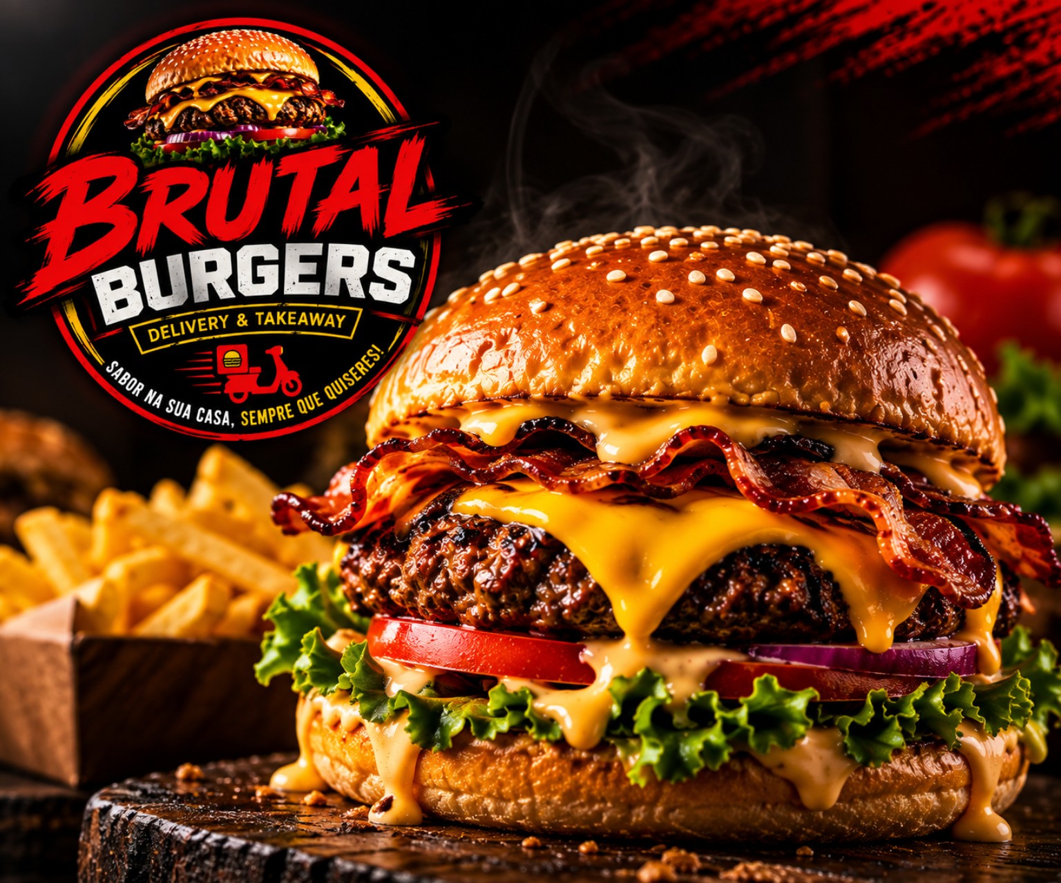 Hambúrguer Brutal Burguer com queijo derretido, bacon, alface e tomate