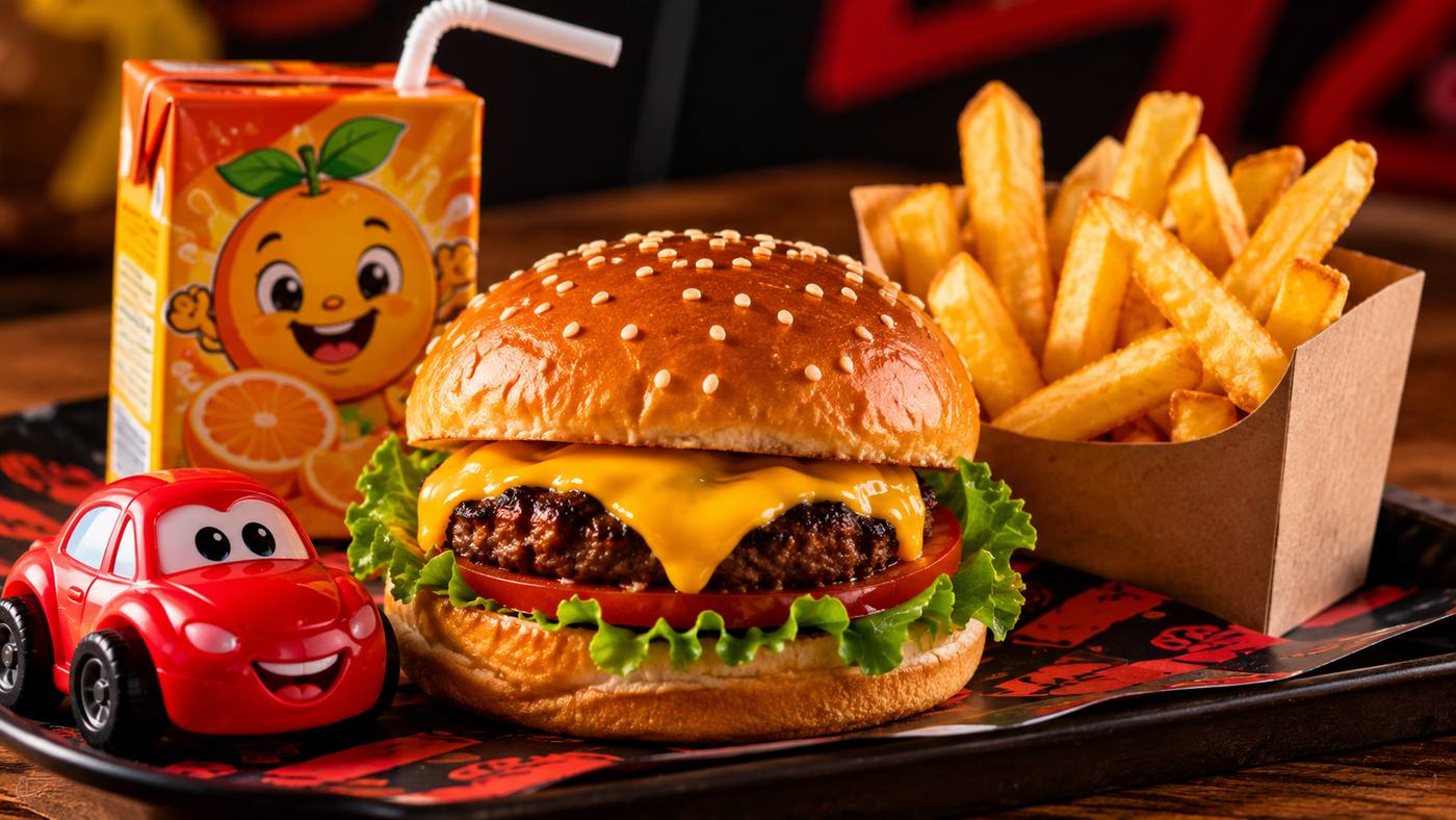 Menu Kids da Brutal Burguer: hambúrguer simples, batata pequena, bebida e brinde infantil