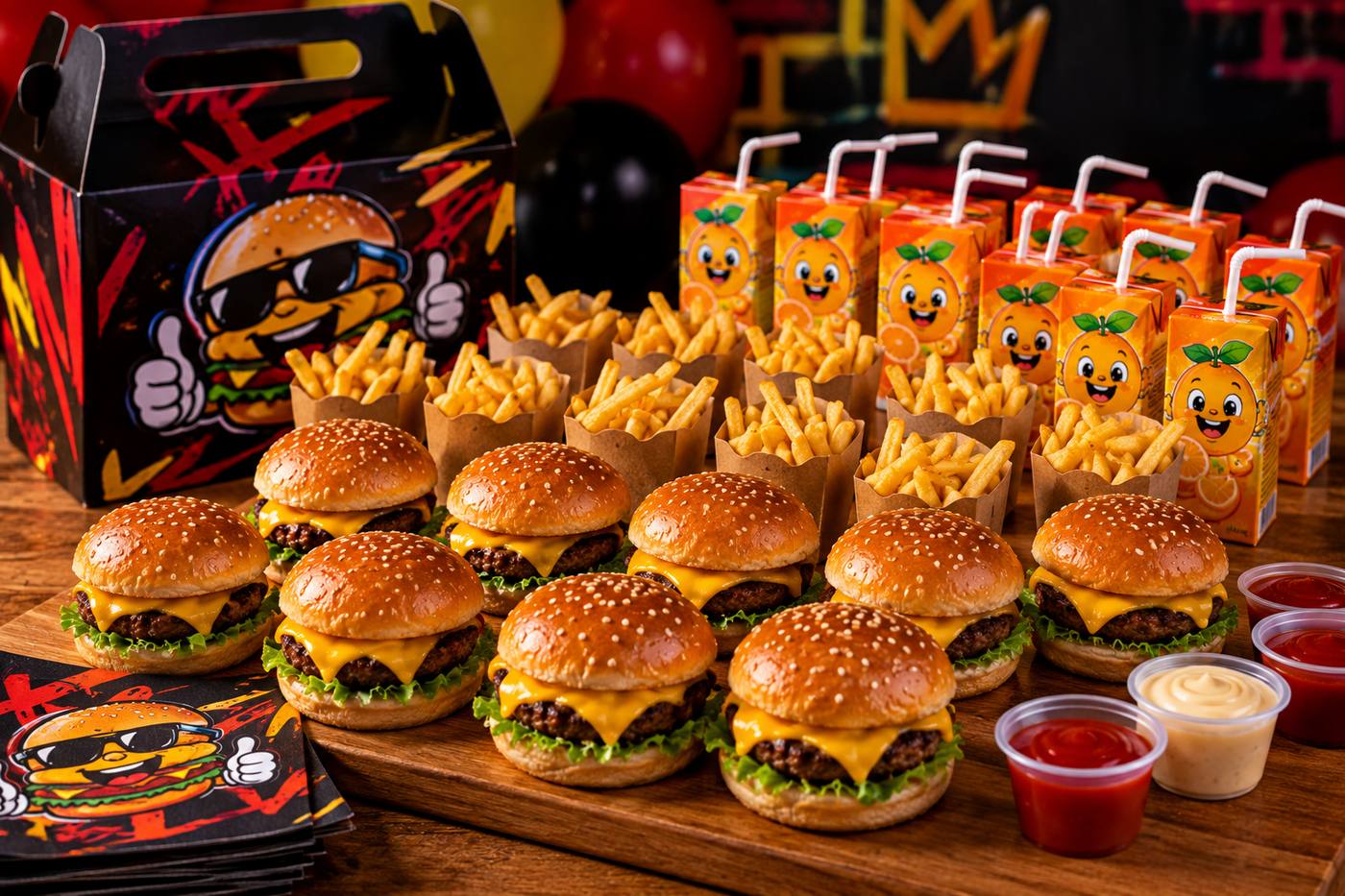 Kit festa Brutal Burguer: mini-hambúrgueres, batatas, bebidas, molhos, embalagens e brindes